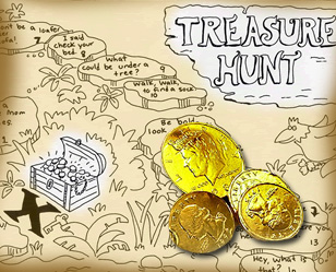 Treasure hunt map and coins